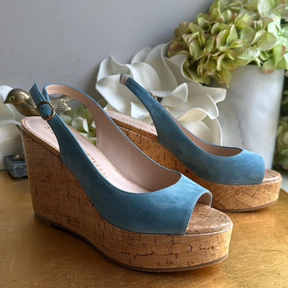 Stuart Weitzman Platform Gloss Cork Wedges in Blue Suede - Picture 2 of 16